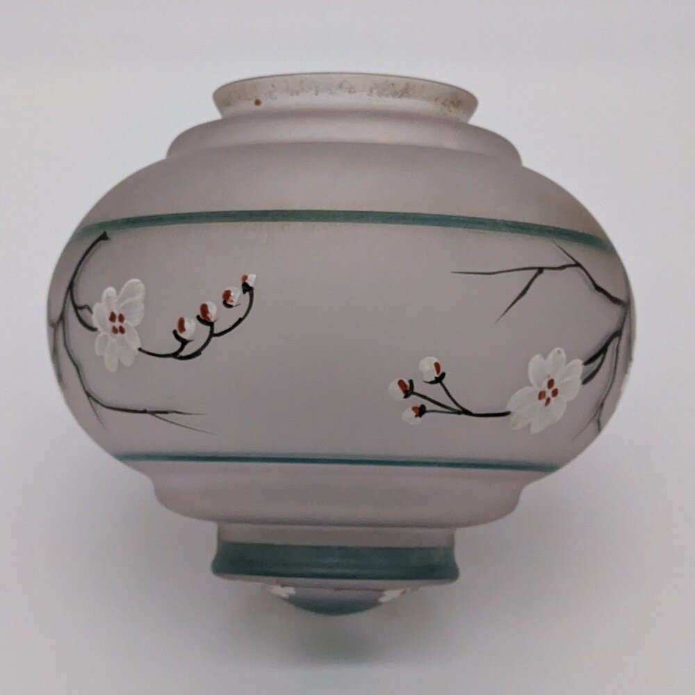 Vintage Glass Ceiling Lamp Shade Dome Frosted Hand Painted Cherry Blossoms Green